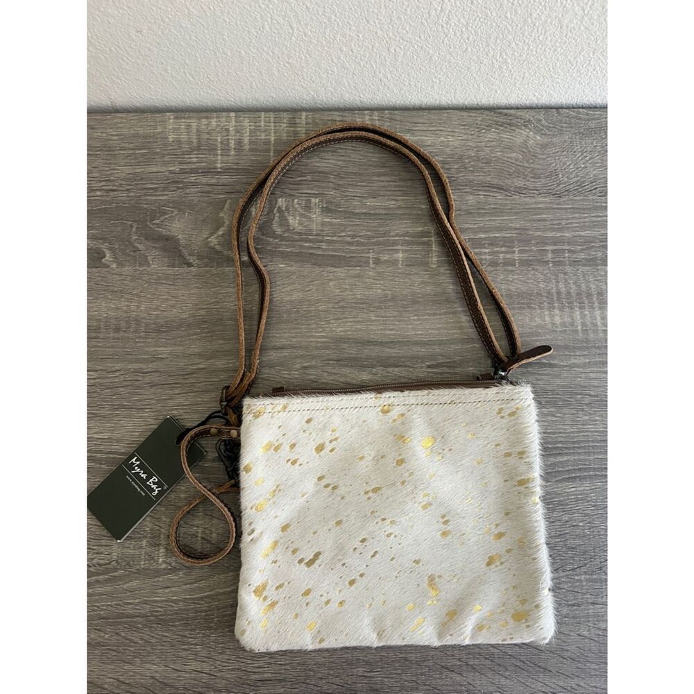Myra Bag Hair On Hide Crossbody White Cowhide Gold Speckled Clutch NWT